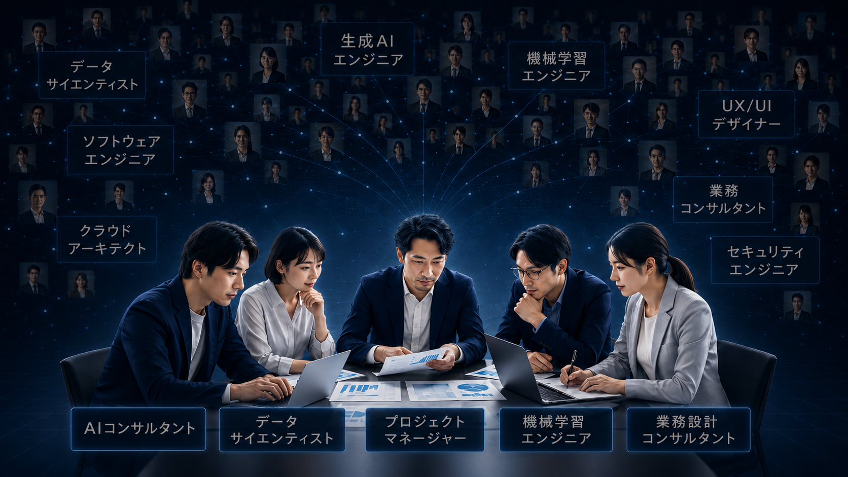 さまざまな専門領域を持つAI専門家ネットワークのイメージ