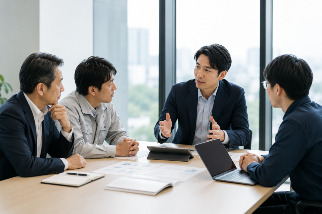 顧客企業の経営者と現場担当者、XAI担当者、技術担当者が同席し、AIプロジェクトについて打ち合わせを行っている様子