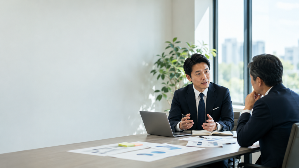 顧客企業の経営者とXAI担当者が一対一で課題や方向性について話している様子