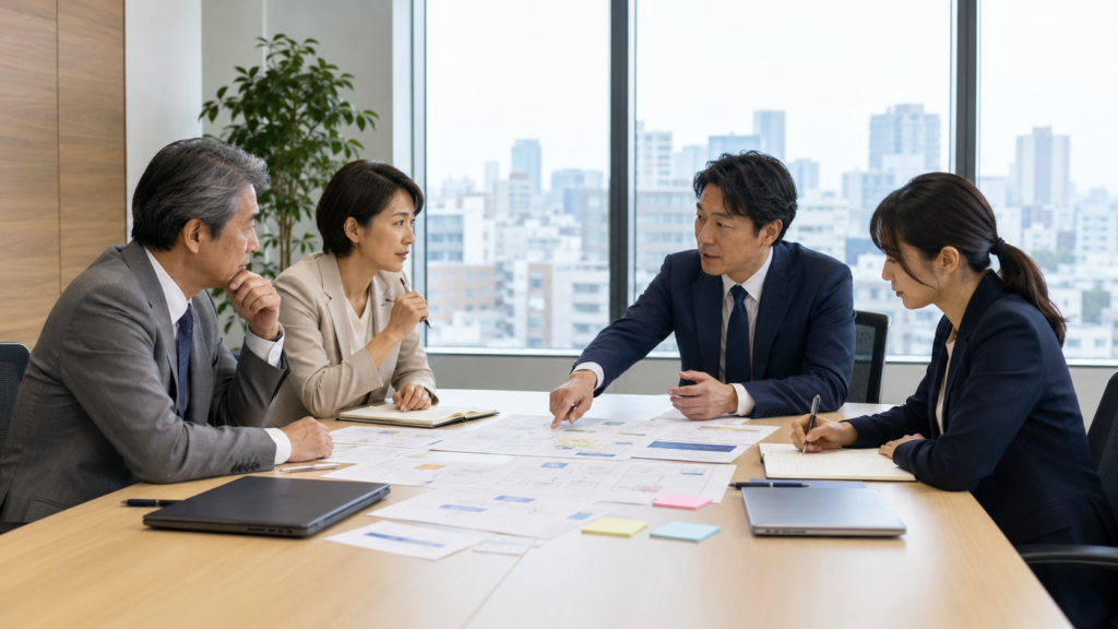 企業の経営者と現場責任者、XAI担当者が業務フローを確認する打ち合わせ