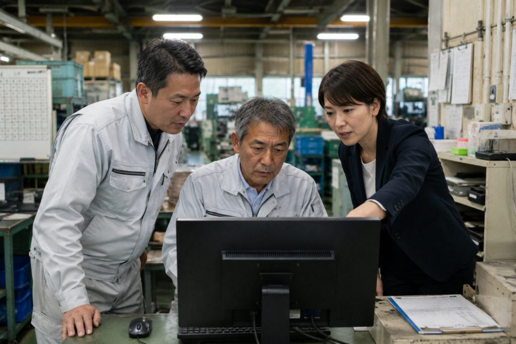 工場内のパソコンシステムを社長、現場責任者、XAI担当者が確認する様子