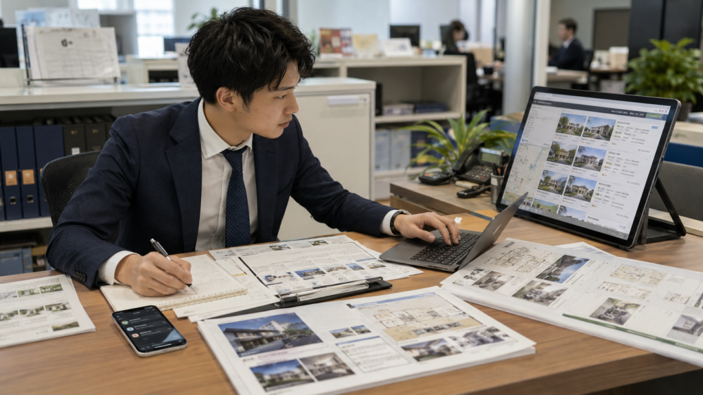 物件資料やパソコン、スマートフォンを確認しながら複数顧客への返信文を作成する不動産営業担当者