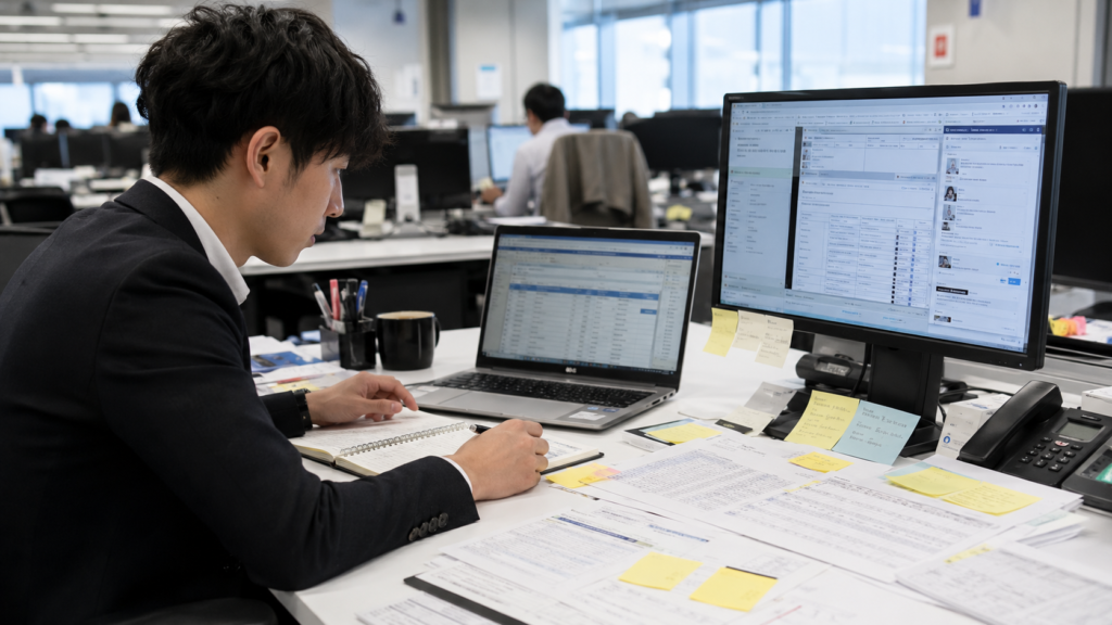 企業サイトや表計算シート、紙資料を見比べながら企業情報を調査する営業担当者