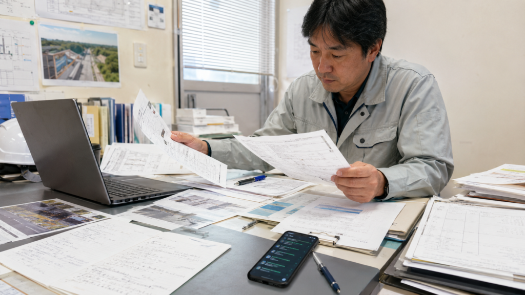 紙の日報や現場写真、パソコンを確認しながら複数現場の進捗を集計する建設会社の現場管理者