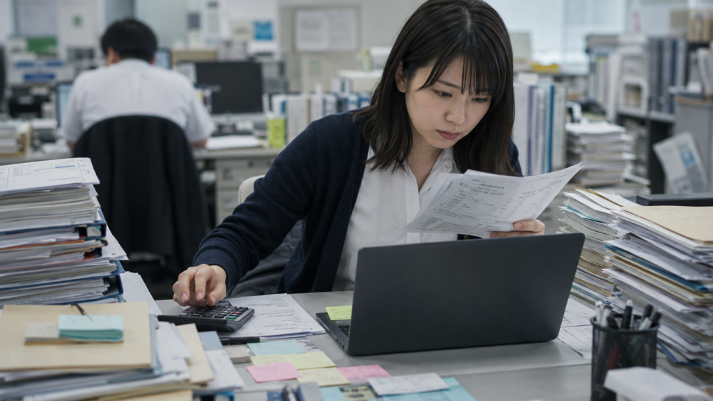 請求書や帳票、電卓、パソコンを使い確認と入力作業を行う製造会社の経理担当者