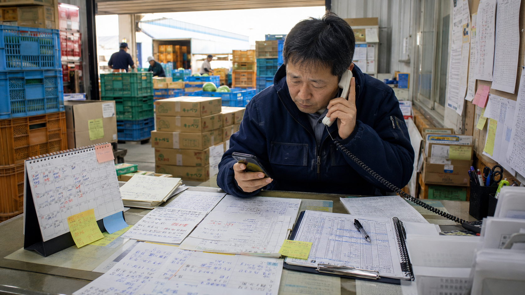 農産物の集荷施設で電話や紙の数量表、カレンダーを使って出荷予定を取りまとめる担当者