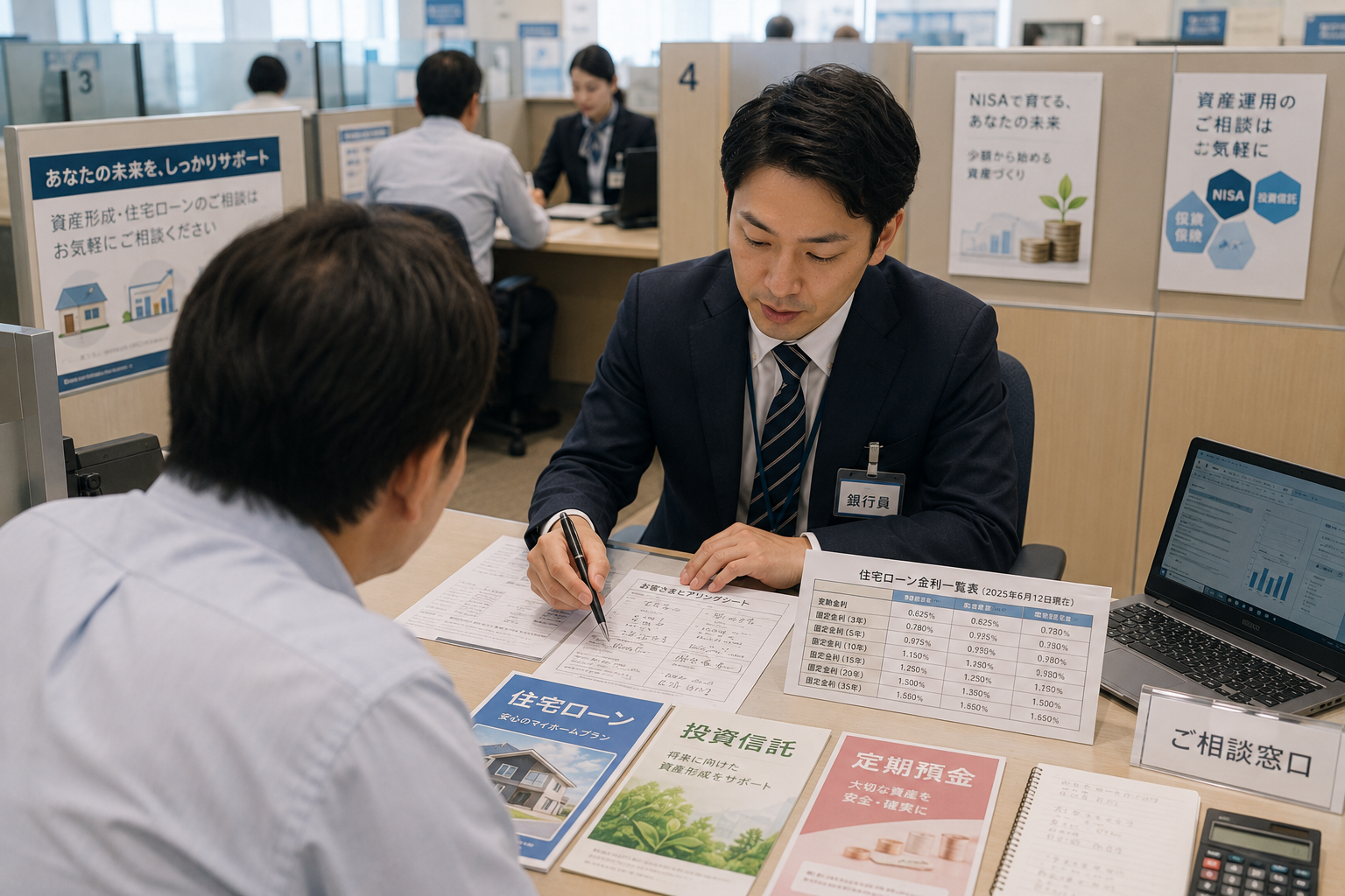 銀行の相談窓口で顧客へのヒアリング内容や最新金利表、金融商品資料を確認する銀行員