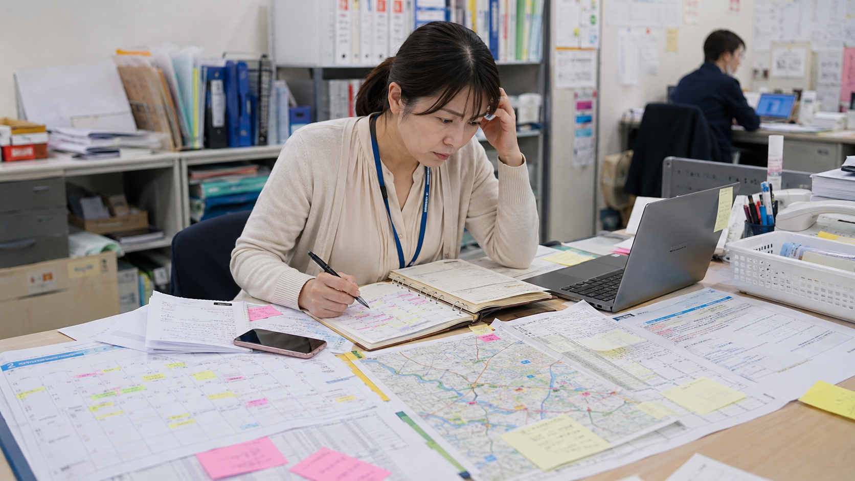予定表や地図、カレンダー、付箋、パソコンを確認しながら訪問予定を調整する相談支援員